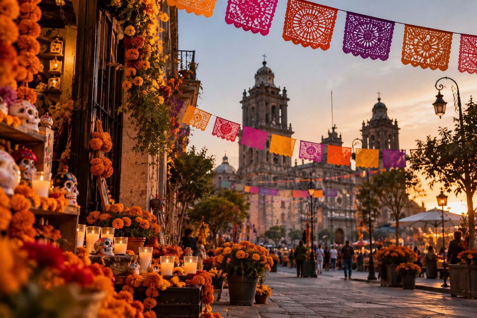 Marigolds, candles and papel picado decorating a Mexico City street for Día de Muertos at dusk