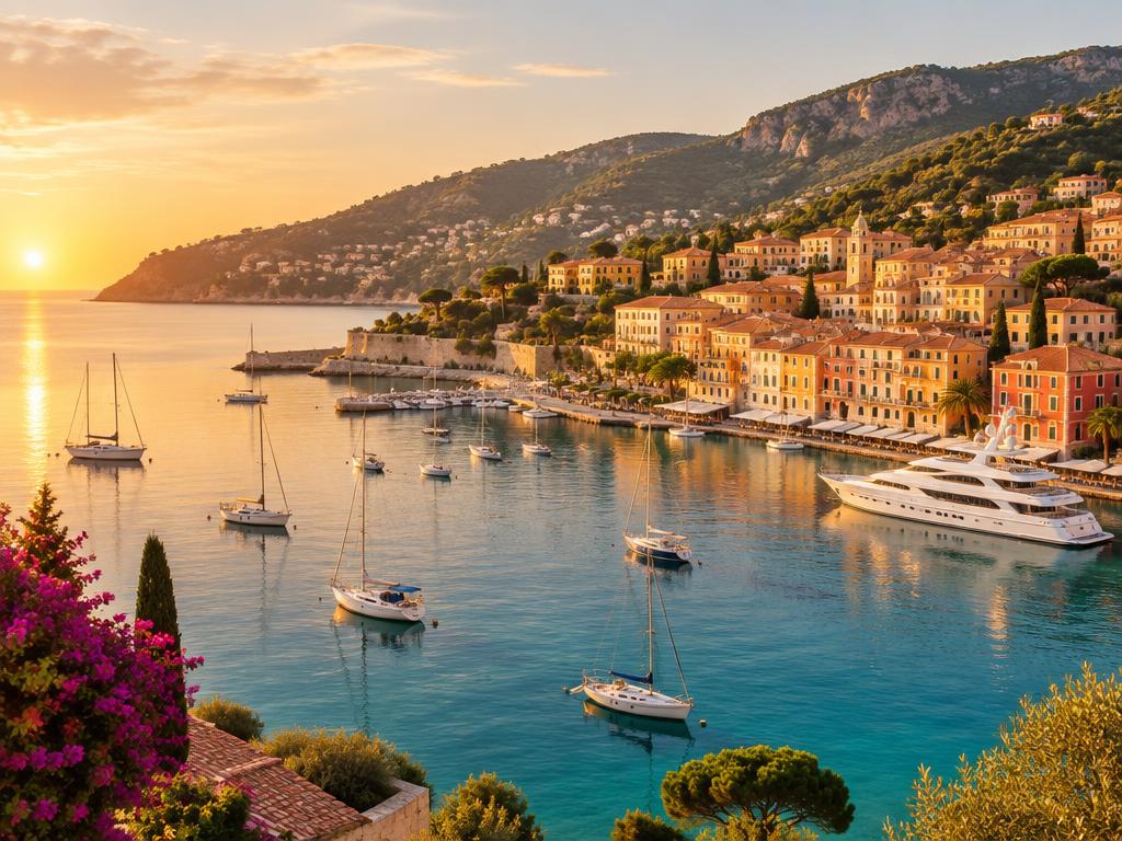 The harbor of Villefranche-sur-Mer on the French Riviera at golden hour